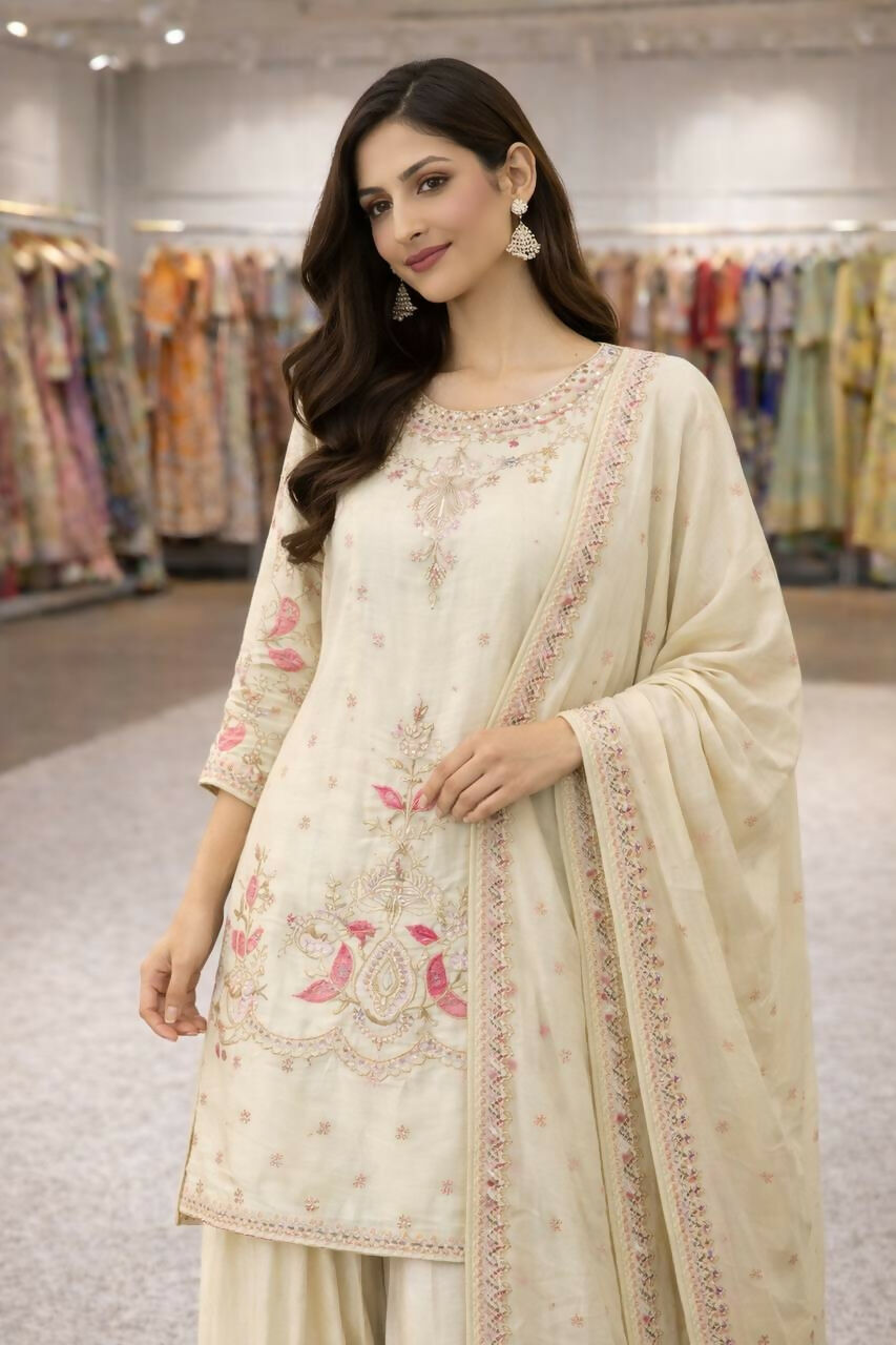 Teeya Creation Cream Chinnon Designer Embroidery Work Party Wear Salwar Suit