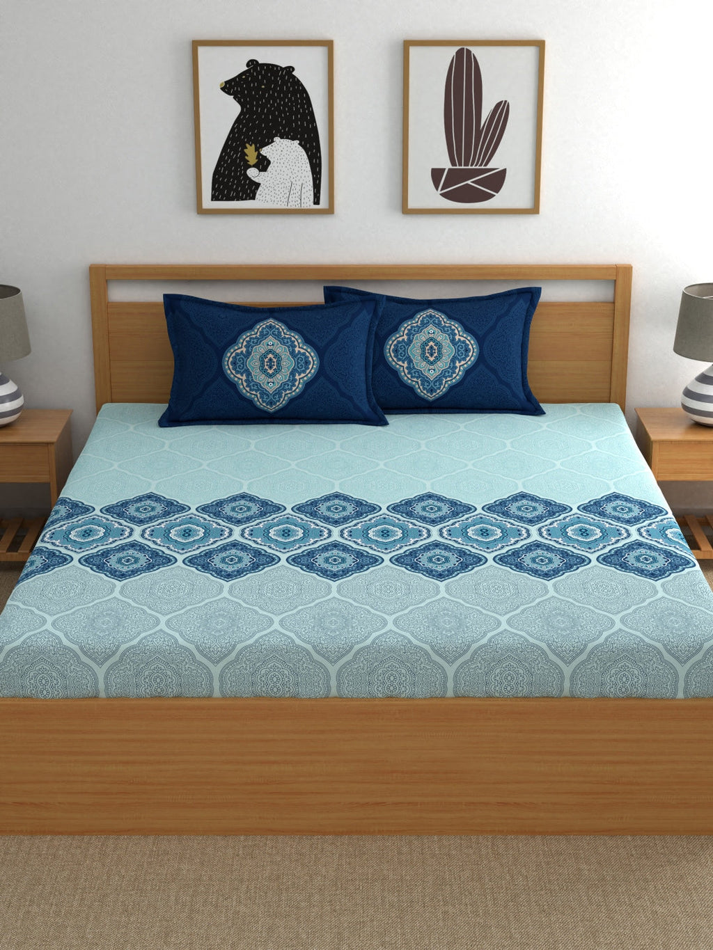 Dreamscape Blue & Green Ethnic Motifs 144 TC King Bedsheet with 2 Pillow Covers