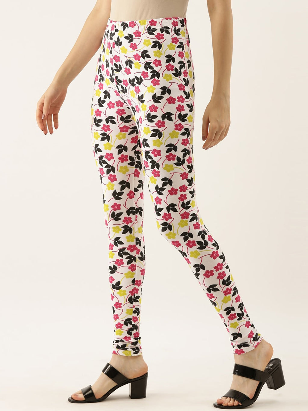 Souchii White & Pink Floral Printed Ankle-Length Leggings