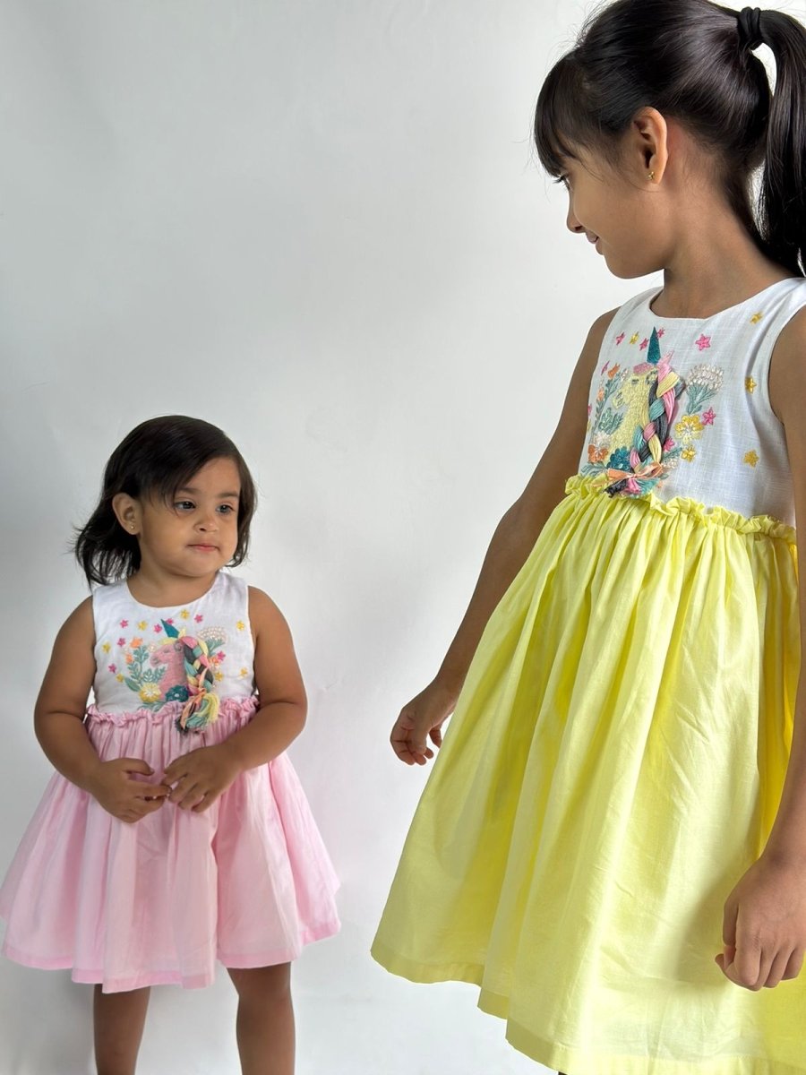 ArthLife White And Yellow Unicorn Embroidered Dress