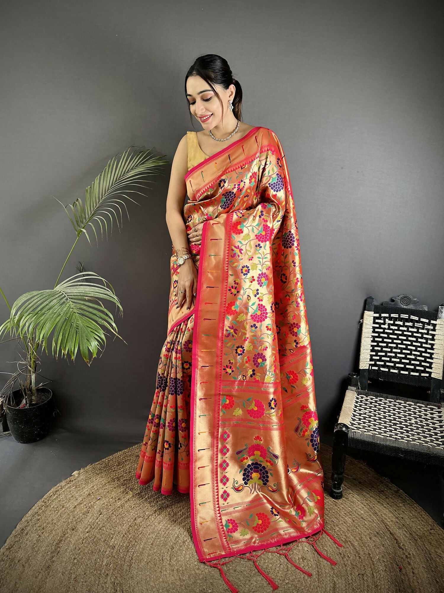 Joban Fashion Golden-Orange Intricate Floral & Leaf Soft Silk Paithani Saree