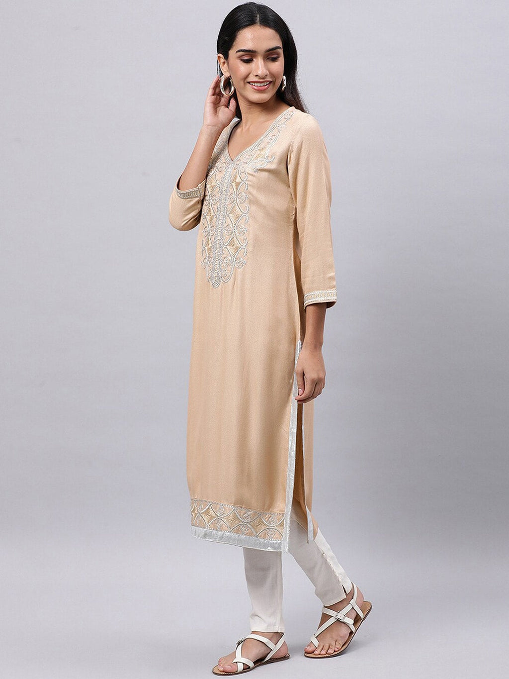 Souchii Beige & shifting sand Thread Work Grandeur & Majestic Artwork Kurta