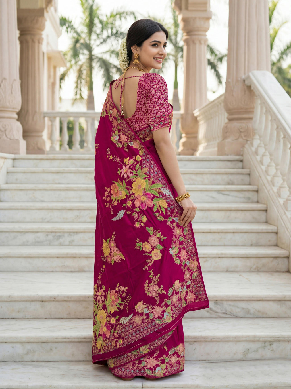 Aastha Fashion Rani Pink Premium Russian Silk Designer Floral Position Print Saree