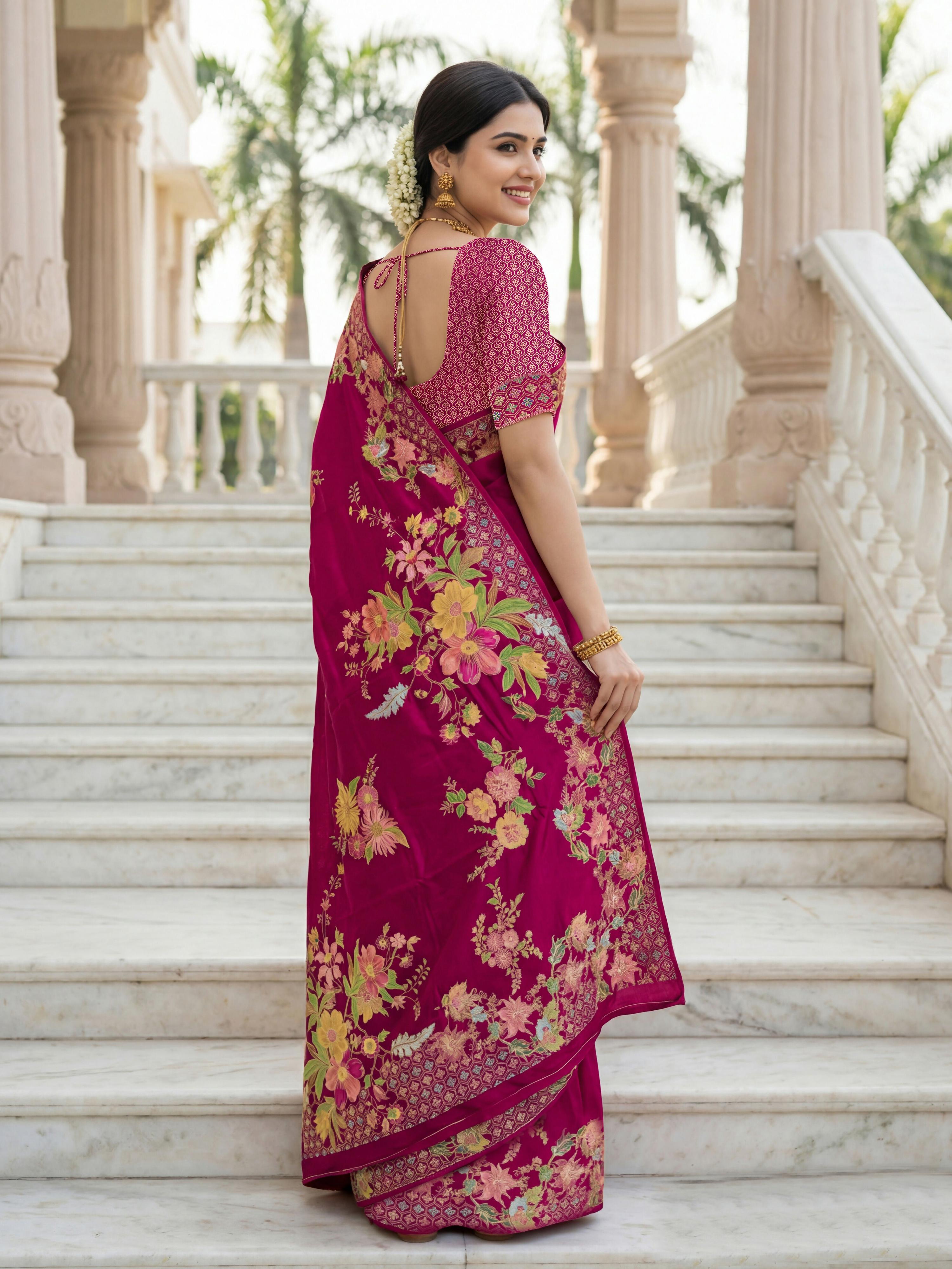 Aastha Fashion Rani Pink Premium Russian Silk Designer Floral Position Print Saree