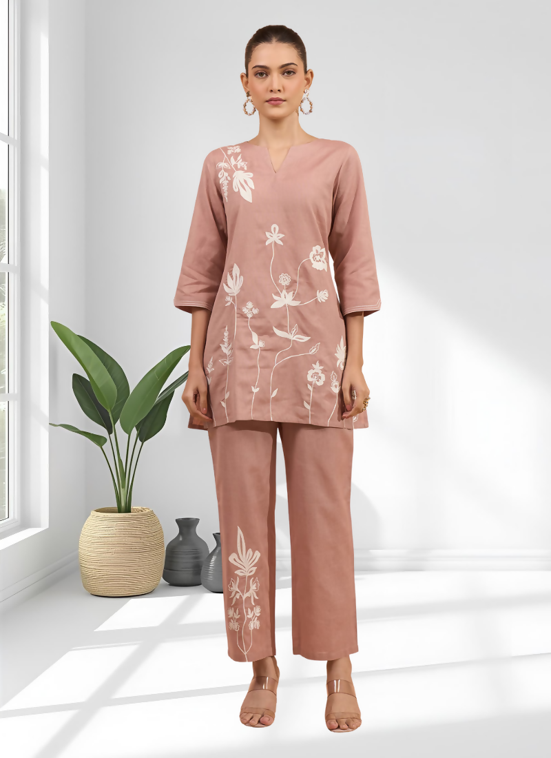 Joban Fashion Powder Pink Cotton, Linen Embroidered Readymade Cord Set