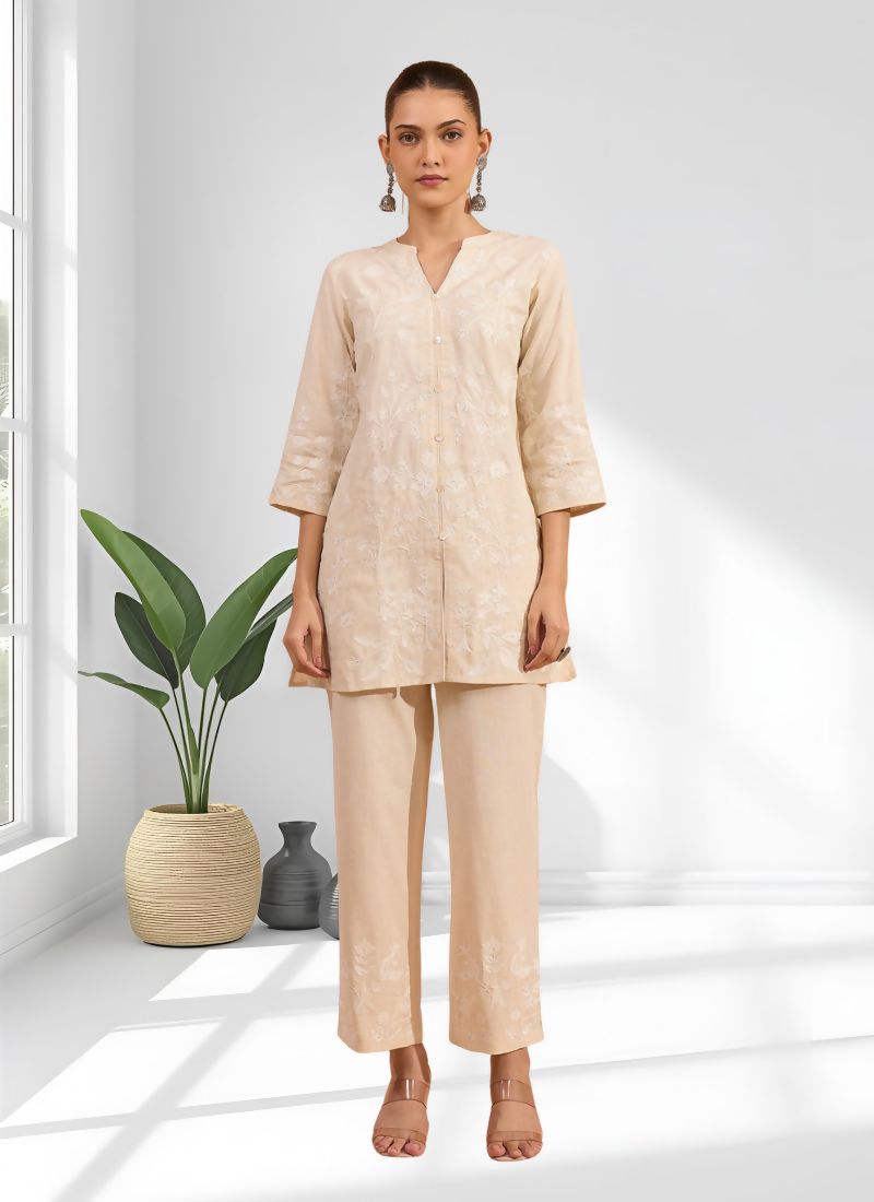 Joban Fashion Cream Linen Embroidered Readymade Cord Set