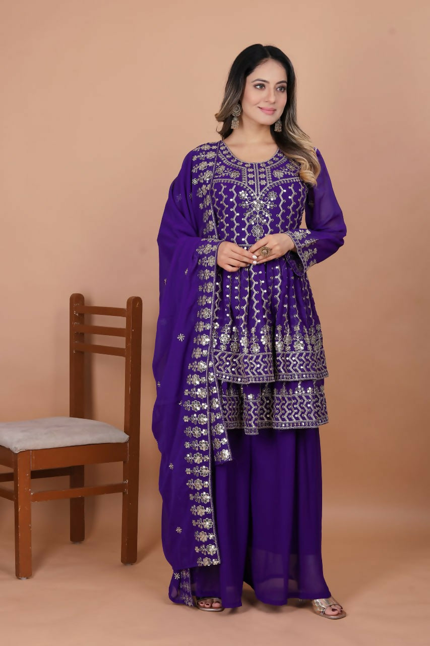 Teeya Creation Purple Color Faux Georgette Embroidery Work Wedding Wear Palazzo Set