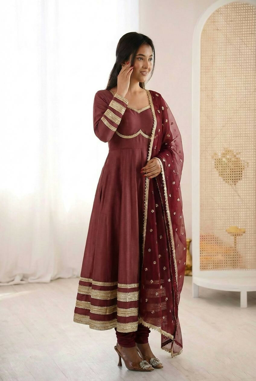 Teeya Creation Maroon Cosmos Gold Lace Work Party Wear Gown
