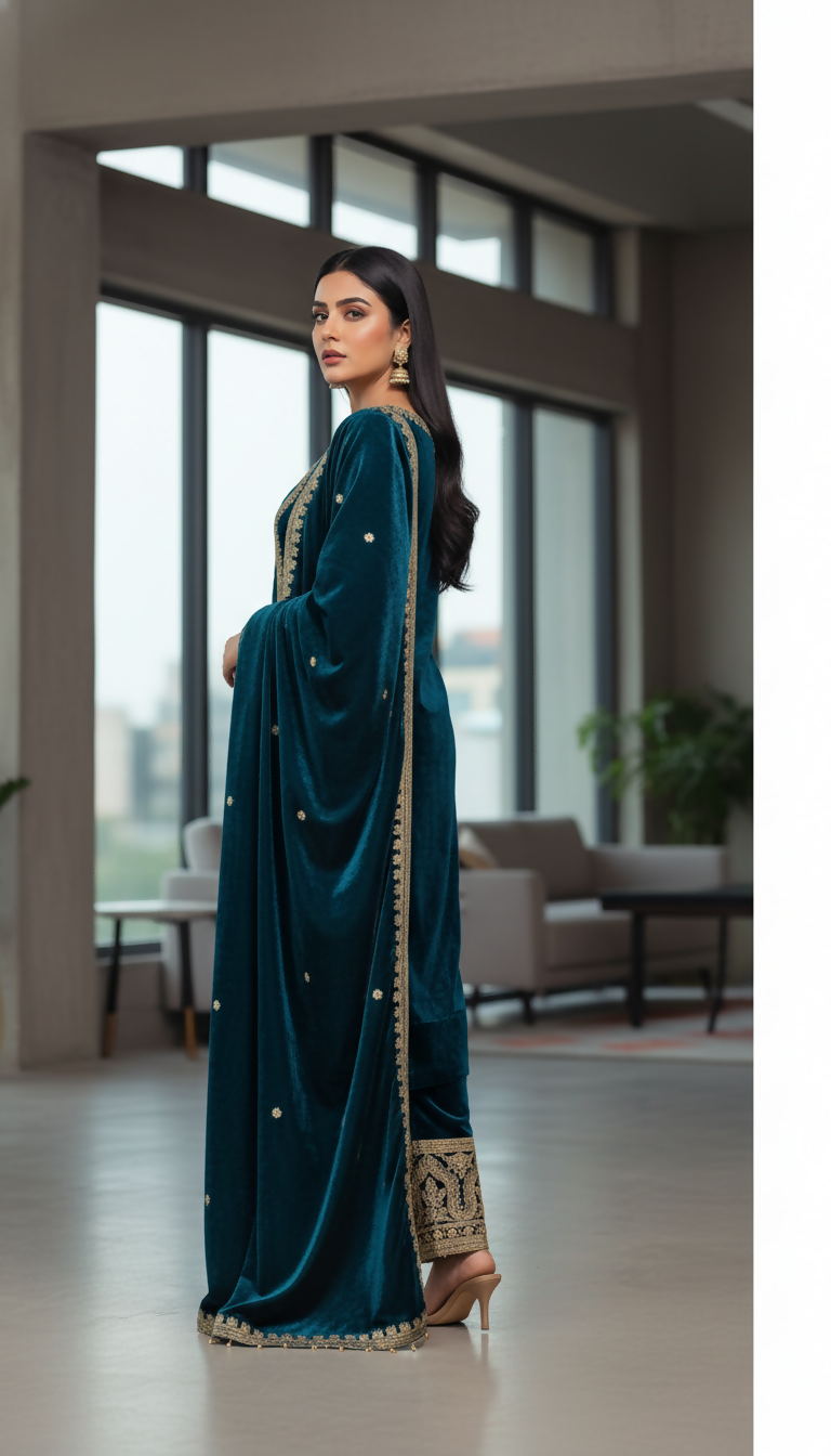 Joban Fashion Teal Kurta Set Velvet Embroidery Sequence Work