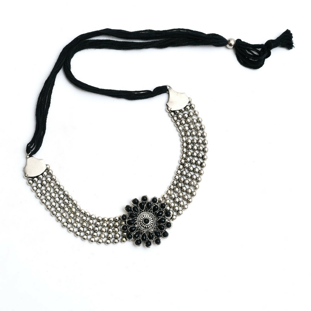 Mominos Fashion Johar Kamal Oxidised Silver-Plated Brass Finish Kundan Choker For Women (Black)