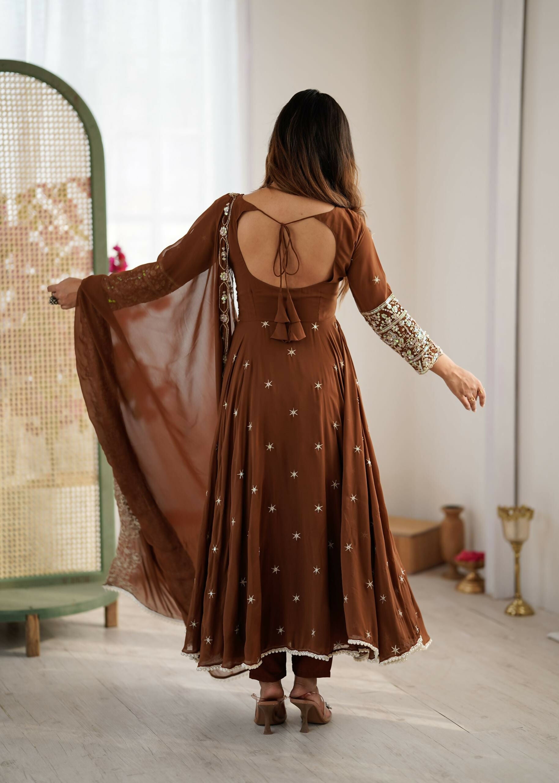 Teeya Creation Browm Color Faux georgette Embroidery Work Wedding Wear Gown
