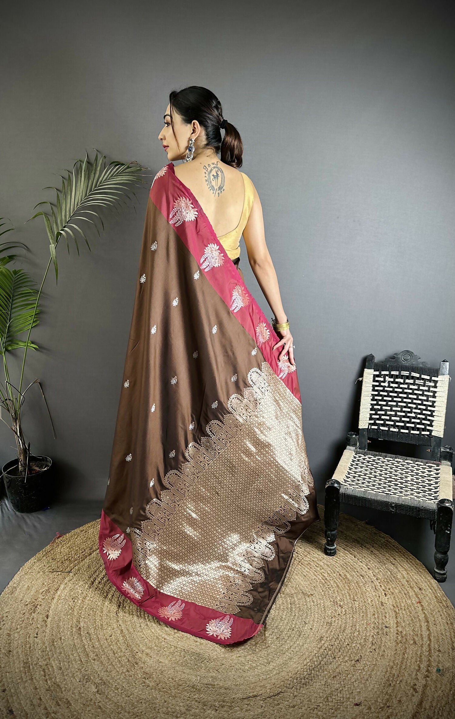 Joban Fashion Brown Small Butti Soft Silk Banarasi Saree