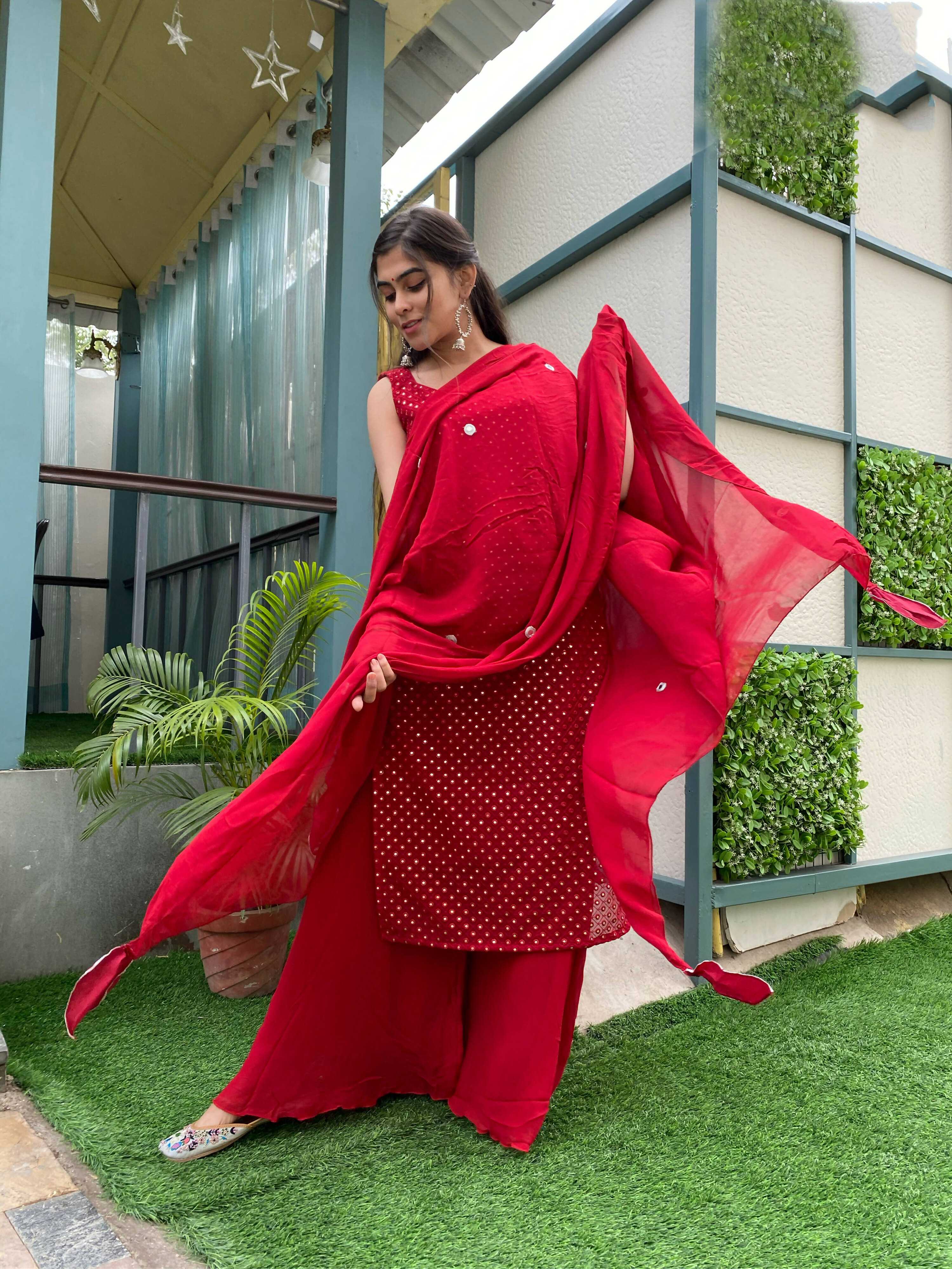 Partywear Designer Red Georgette Palazzo Suit - Anbazaar