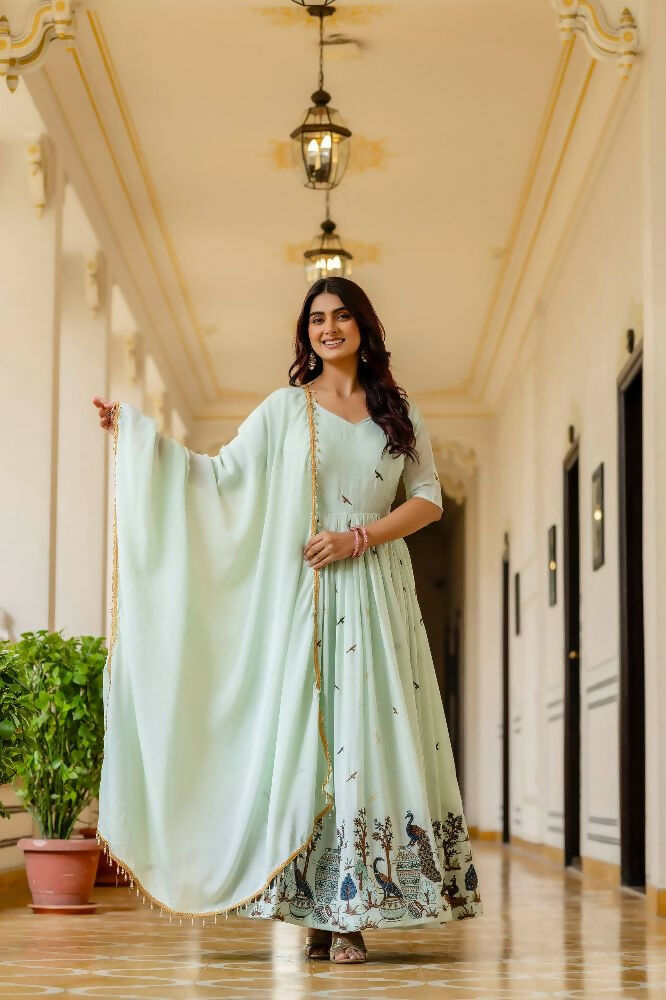 Teeya Creation Mint Green Chinnon Heavy Work Long Wedding Gown