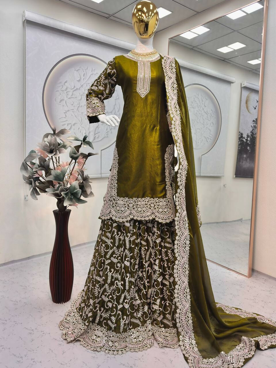Teeya Creation Mehendi Fendy Satin Heavy Embrodiery Work Wedding Wear Salwar Suit