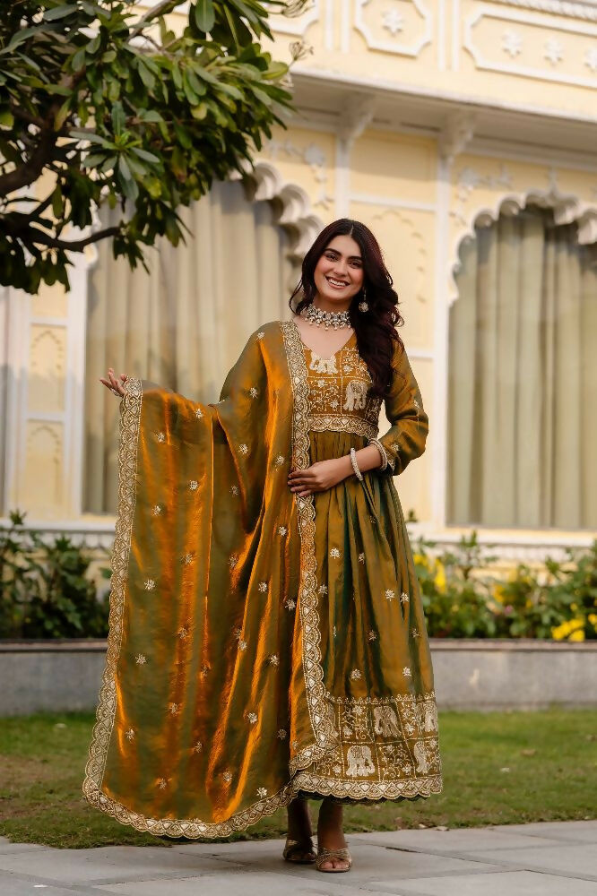Teeya Creation Mehendi Primium Fendy Satin Silk Embroidery Work Wedding Wear Gown