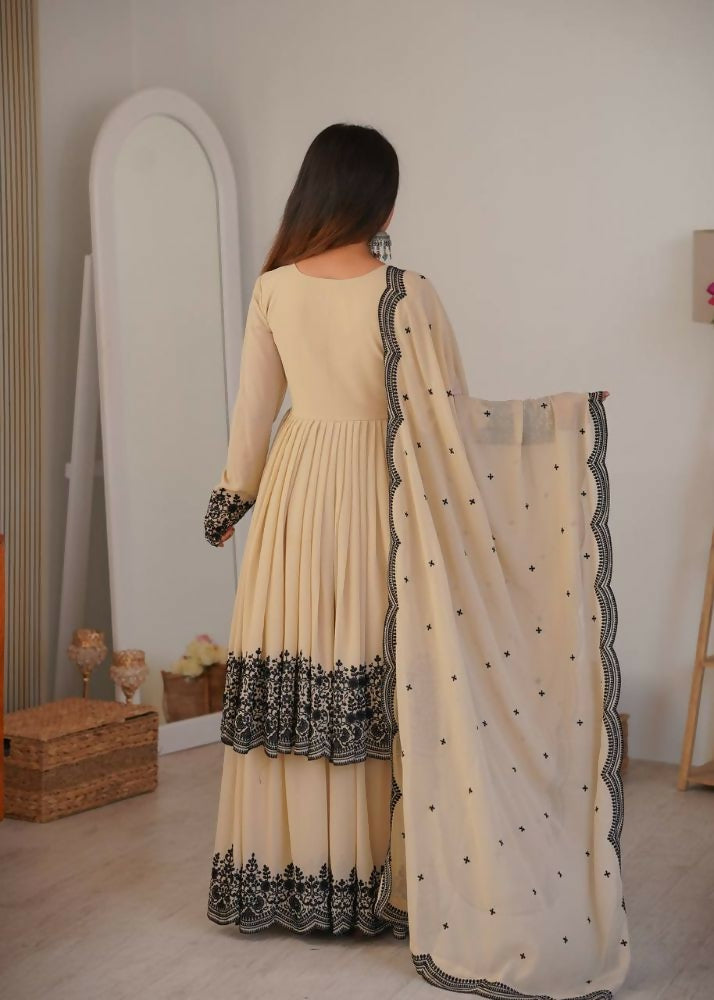 Teeya Creation Cream Color Faux Georgette Embrodiery Work Party Wear Sharara set