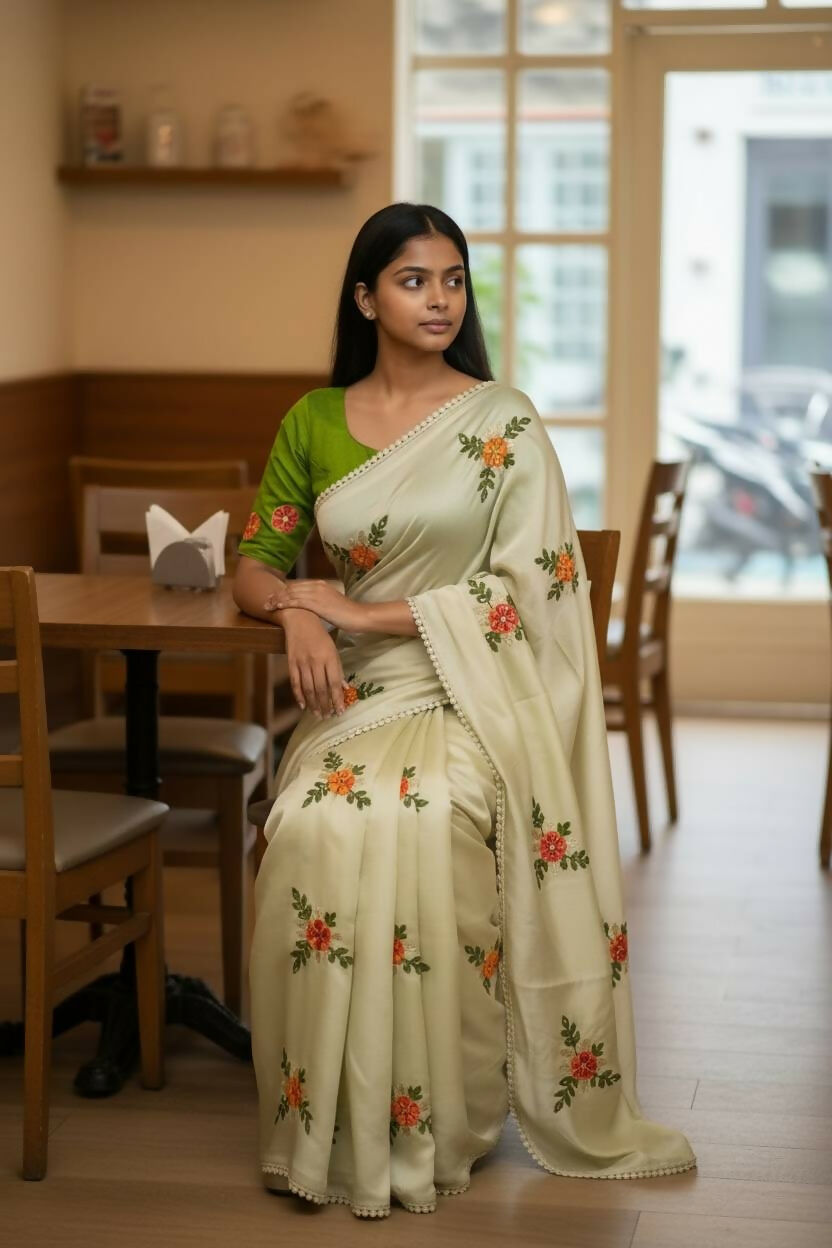 Teeya Creation Cream Rangoli Silk Embroidery Work Party Wear Designer Saree