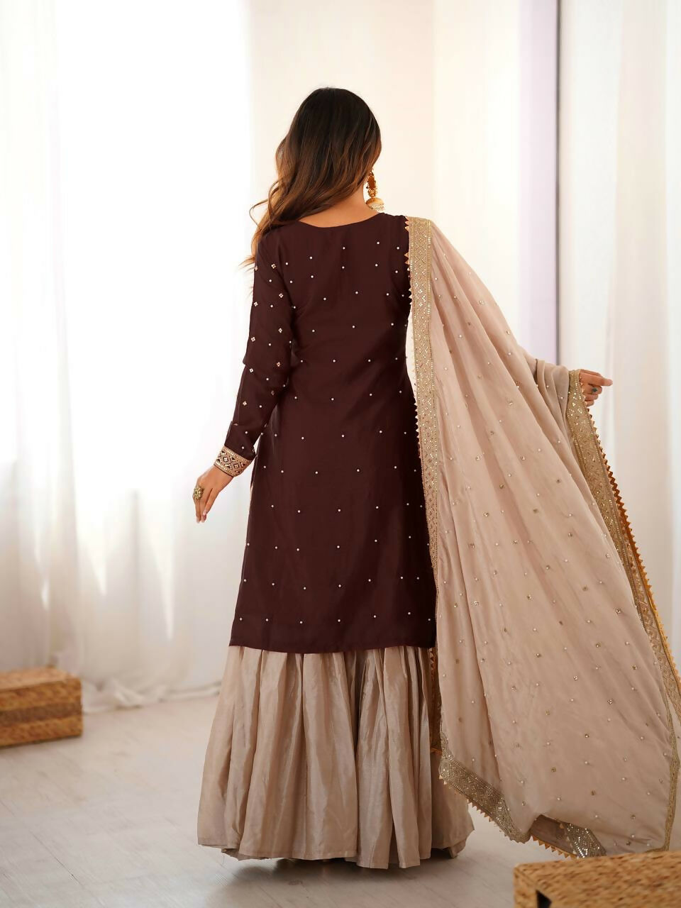 Lehenga Mart Designer Sharara Suit With Kurta, Sharara, Dupatta For Women-Brown