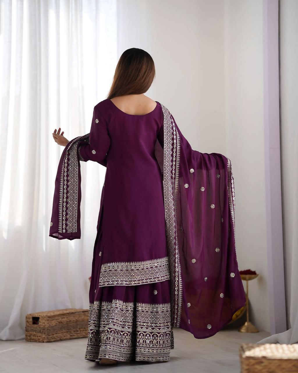 Joban Fashion Wine Kurta Set Silk Sequins , Zari, Coding & Thread Embroidered work