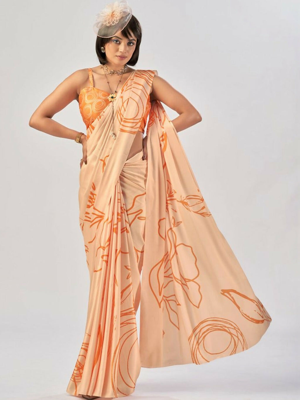 Vastranavya Orange Satin Silk Elegant Printed Saree with Unstitched Blouse