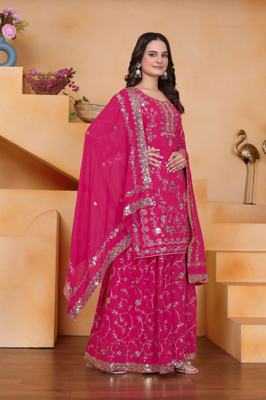 Teeya Creation Pink Color Faux Georgette Embroidery Work Wedding Wear Palazzo Set