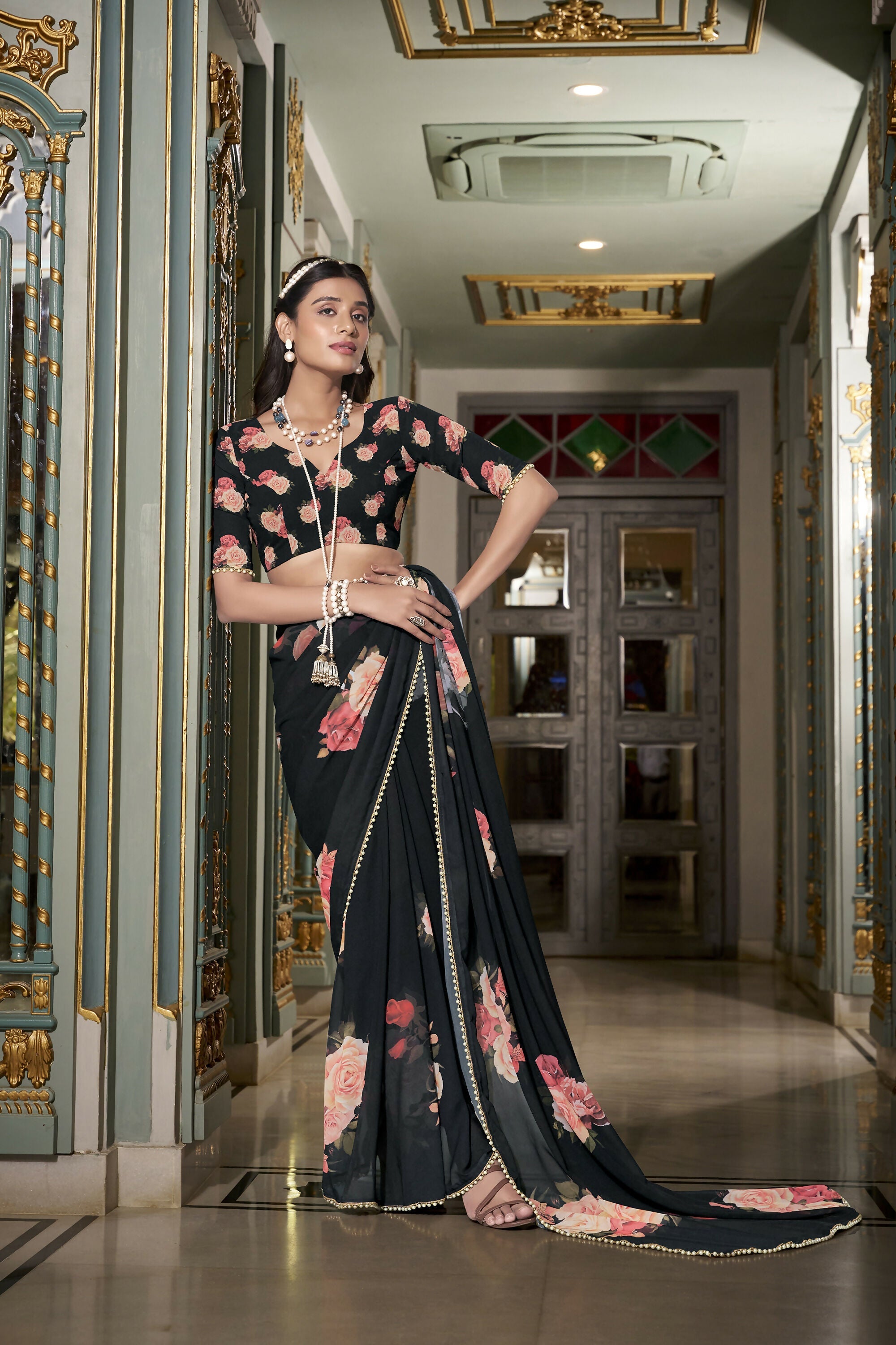 Vastranavya Black Spectacular Georgette Printed with Pearl Lace Saree with Unstitched Blouse