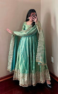 Teeya Creation Teal Fendy Silk Designer Heavy Work Wedding Wear Long Gown