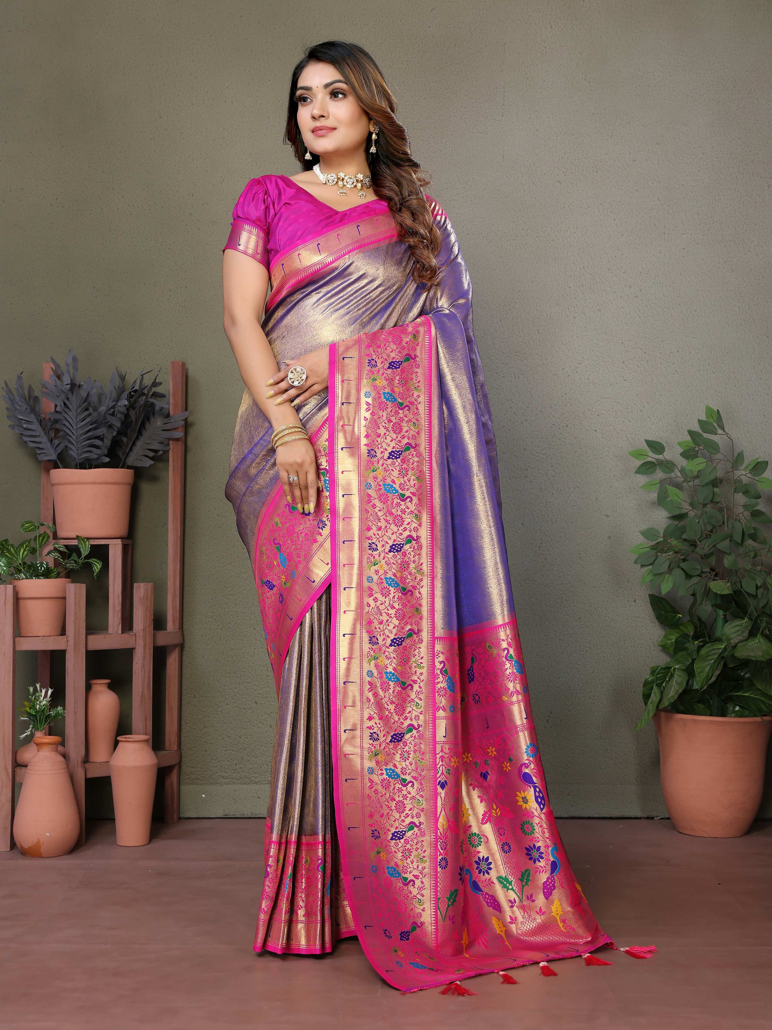 Aastha Fashion Purple Tissue Silk Paithani Woven Saree