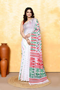 Piyari Fashion Women's White Embellished Cotton Blend Jamdani Saree