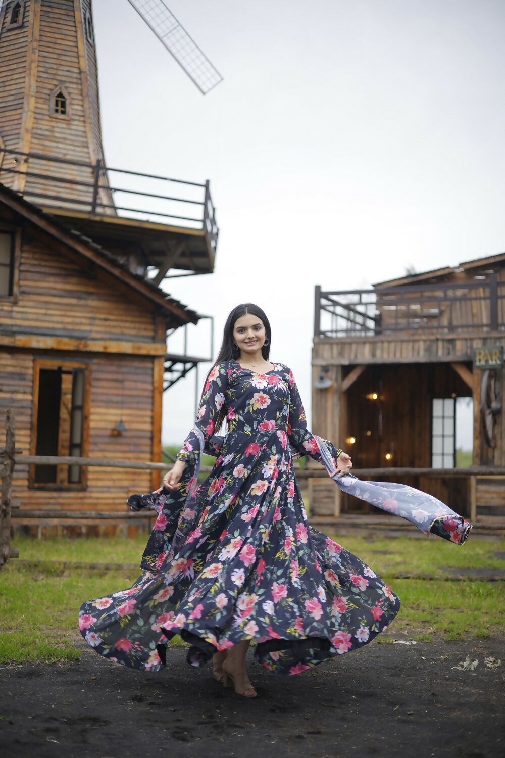 Aayaa Designer Printed Georgette Full Flare Gown With Dupatta - Multi Color