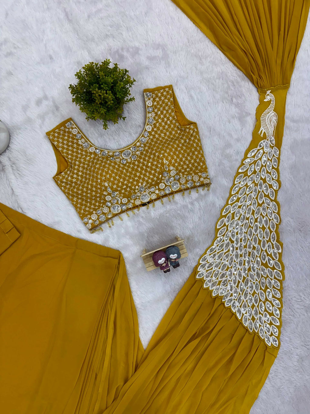 Teeya Creation Yellow Color Faux Georgette Embroidery Work Party Wear Ready To Wear Saree