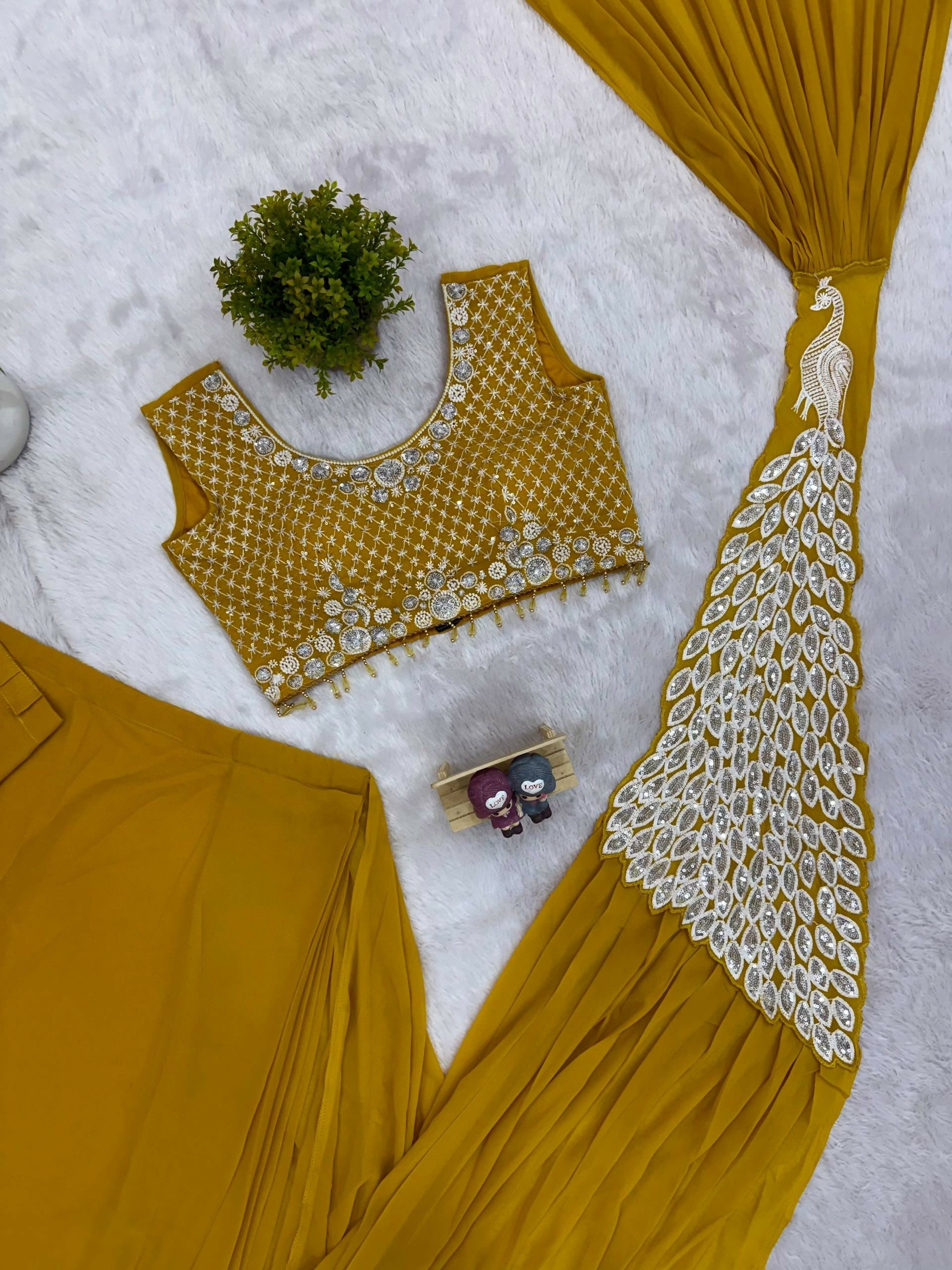 Teeya Creation Yellow Color Faux Georgette Embroidery Work Party Wear Ready To Wear Saree