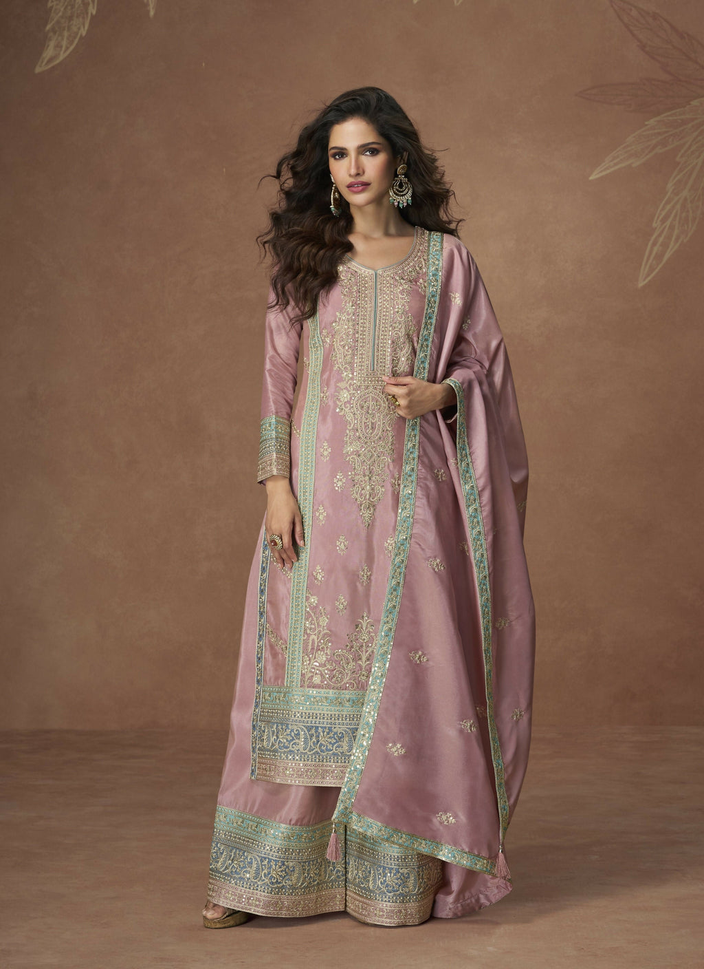 Anaita Pink Chinon Readymade Palazzo Suit with Embroidery Sequence Work