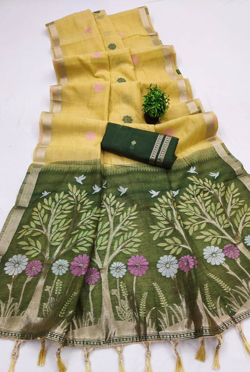 Vastranavya Yellow Muga Cotton Meenakari & Azarakh Pallu Saree with Contrast Blouse