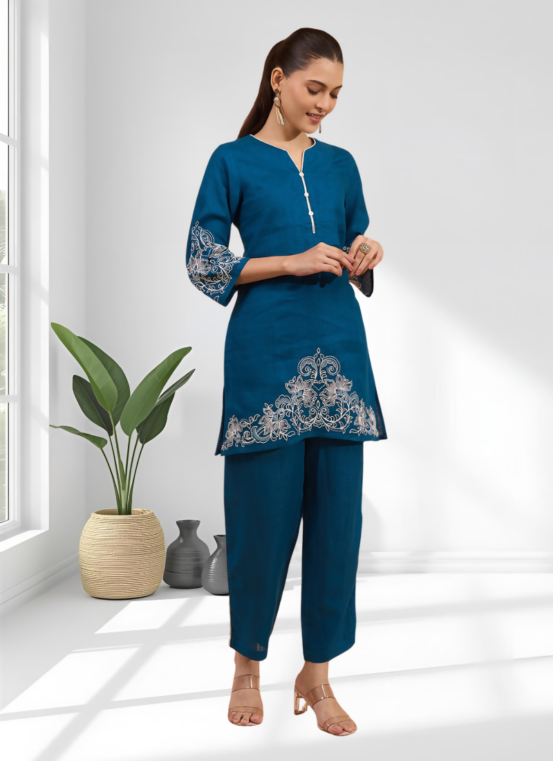 Joban Fashion Teal Linen Embroidered Readymade Cord Set