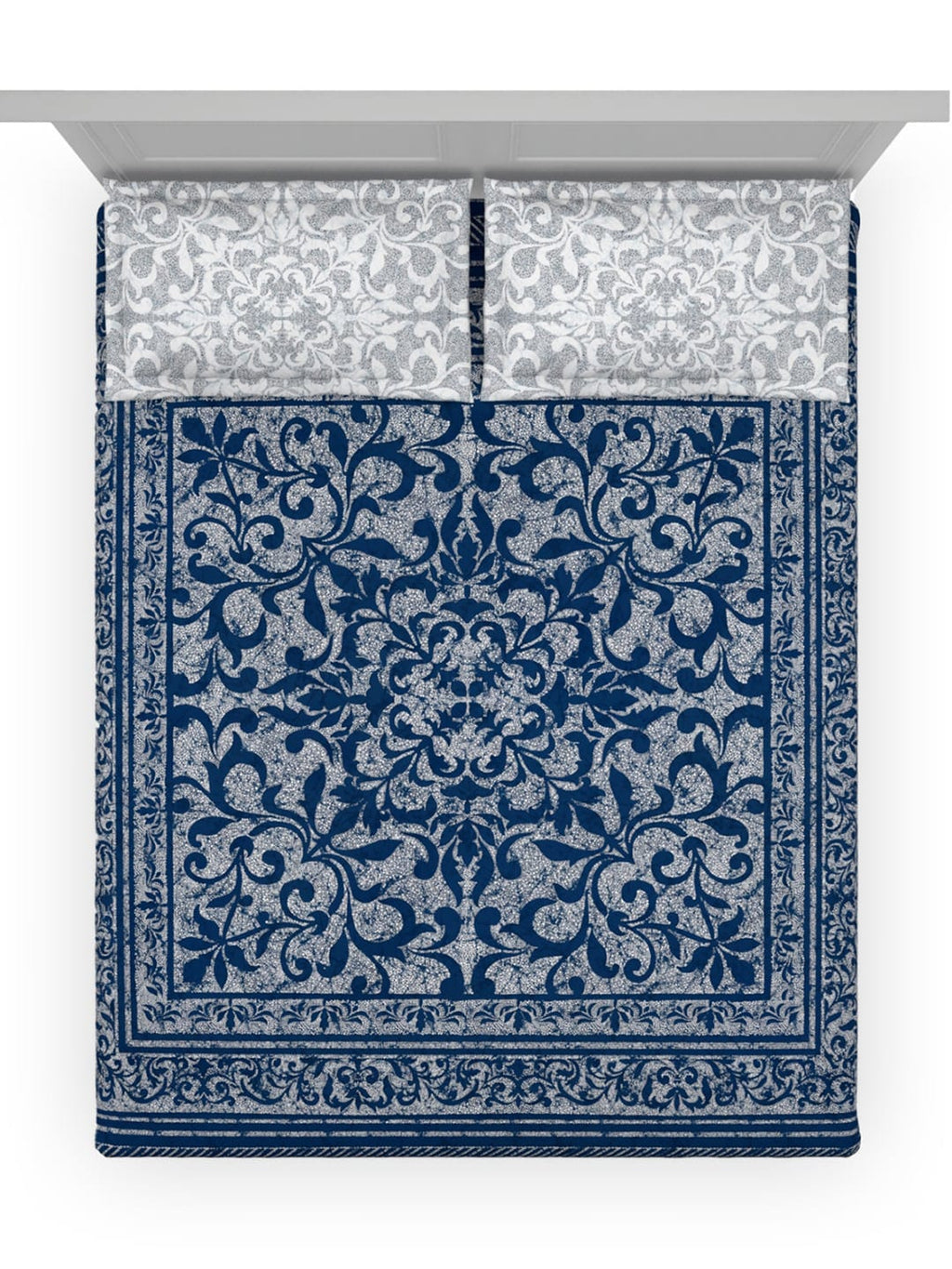 DDecor Blue & White Ethnic Motifs Cotton 140 TC King Bedsheet With 2 Pillow Covers