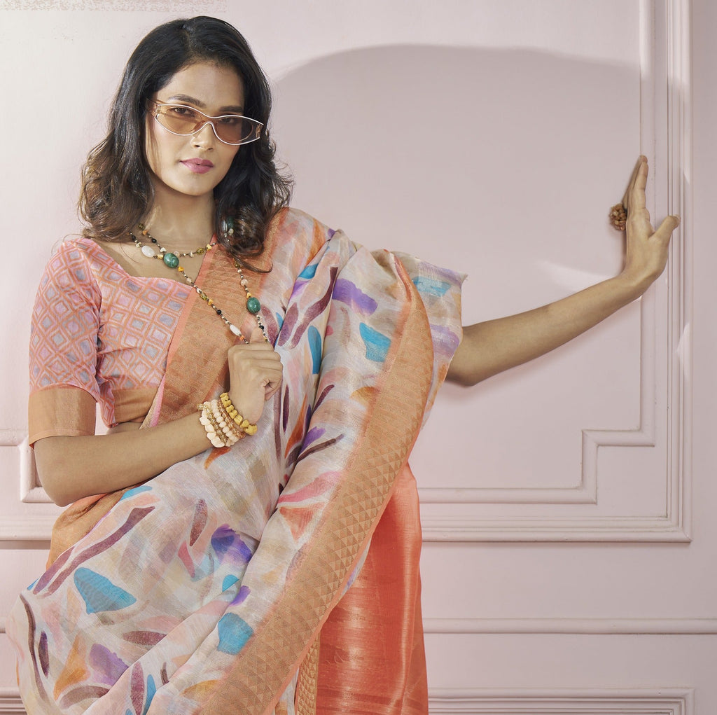 Anaita Peach Printed Pure Modal Silk Saree With Blouse