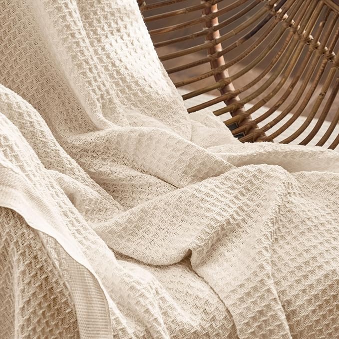Bedsure 100% Cotton Blanket Twin XL Size for College Dorm - Breathable and Soft, Waffle Weave Twin Blanket for Summer, Dorm Room Essentials, Yellowish Cream, 66x90 inches