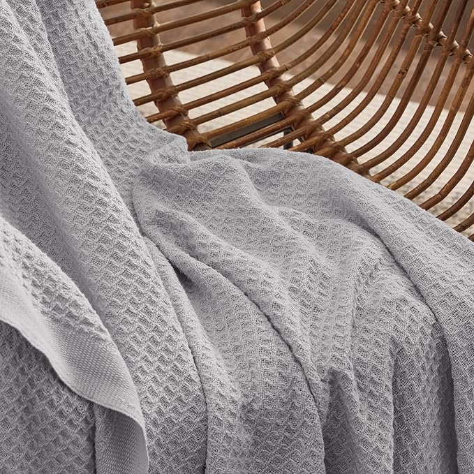 Bedsure 100% Cotton Blanket Queen Size for Bed - Breathable and Soft, Waffle Weave Blanket for Summer, Thick Cozy Fall Blankets for Women Gift, Grey, 90x90 Inches