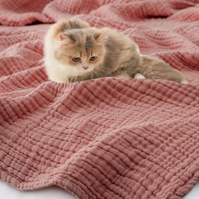 Carriediosa 100% Cotton Muslin Throw Blanket 50" X 70" Throw XL Size，4-Layers Summer Gauze Throws for Bed Couch，Soft Lightweight Breathable Linen Blankets Bedspread for Adults All Season，Mauve