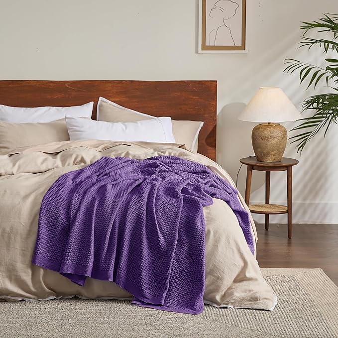 Bedsure 100% Cotton Blanket Twin XL Size for College Dorm - Breathable and Soft, Waffle Weave Twin Blanket for Summer, Dorm Room Essentials, Purple, 66x90 inches