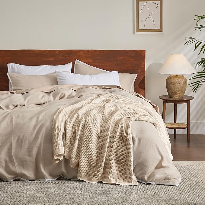 Bedsure 100% Cotton Blanket Queen Size for Bed - Breathable and Soft, Waffle Weave Blanket for Summer, Thick Cozy Fall Blankets for Women Gift, Yellowish Cream, 90x90 Inches
