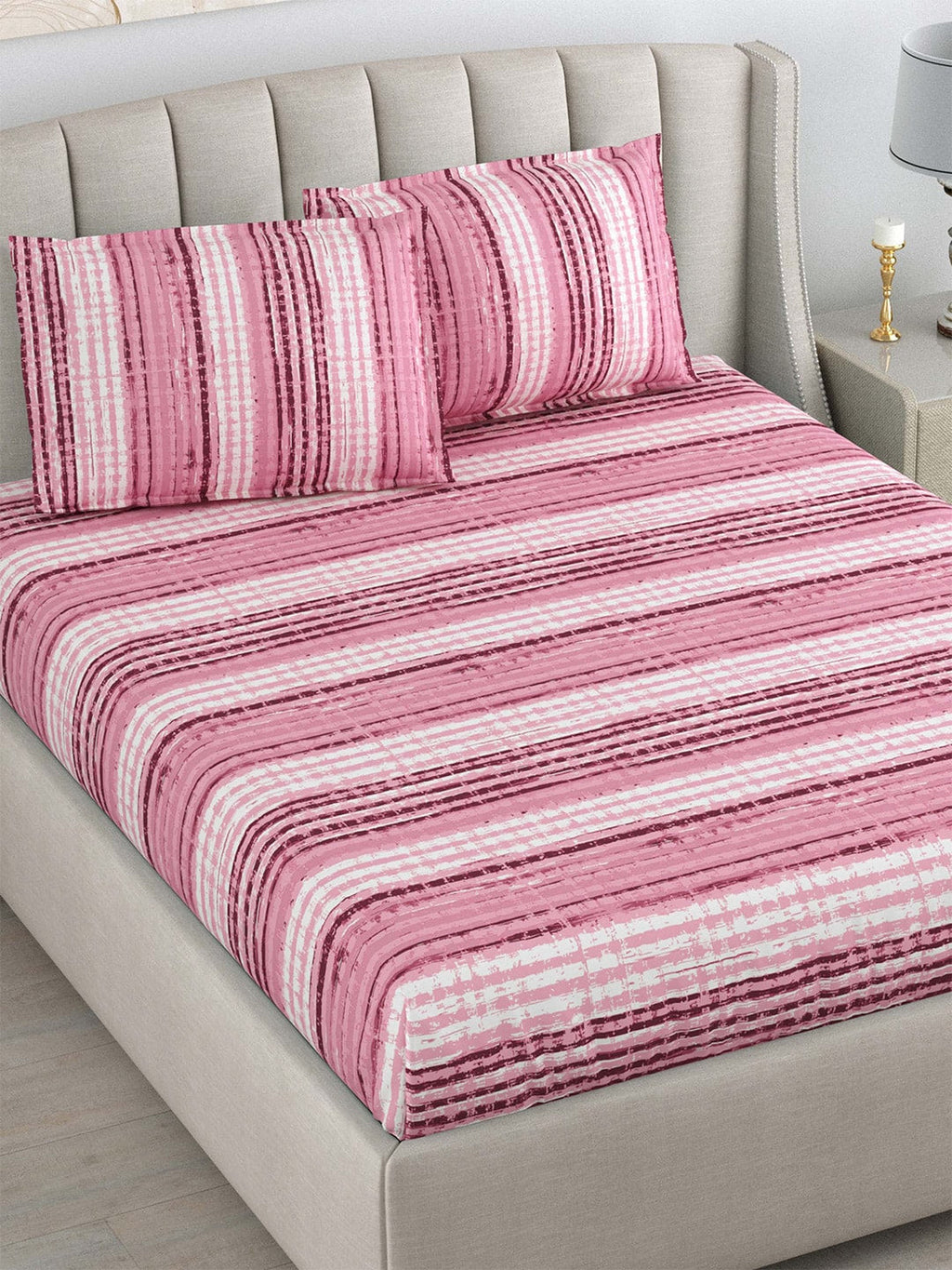 DREAM WEAVERZ Pink Striped Pure Cotton 220 TC King Bedsheet With 2 Pillow Covers