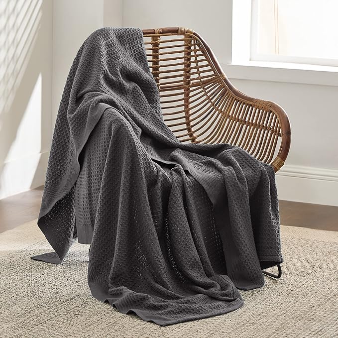 Bedsure 100% Cotton Blanket Twin XL Size for College Dorm - Breathable and Soft, Waffle Weave Twin Blanket for Summer, Dorm Room Essentials, Dark Grey, 66x90 inches