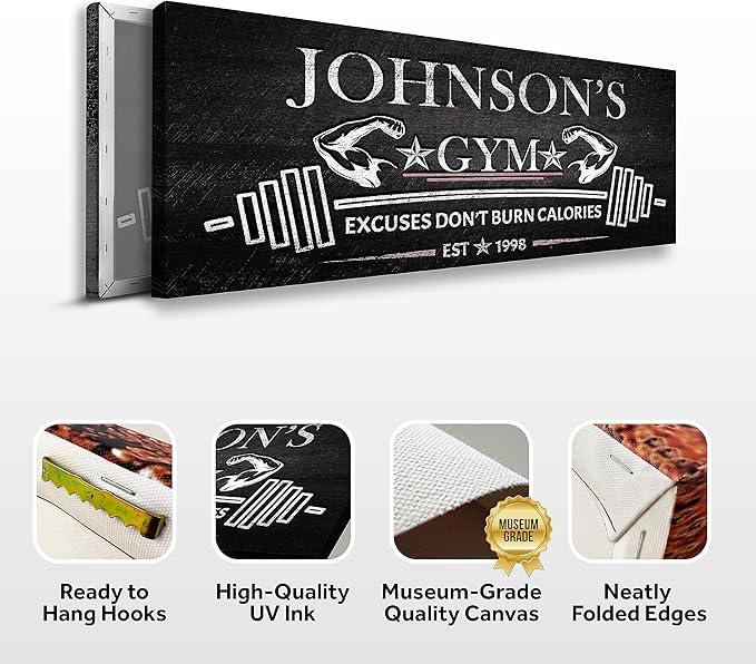 Tailored Canvases Personalized Gym Sign Wall Art Decor - Motivational Canvas for Home Gym, Workout Room, Garage, Fitness Center - Workout Inspirational Posters - Excuses Don't Burn Calories Dark, 48x16in