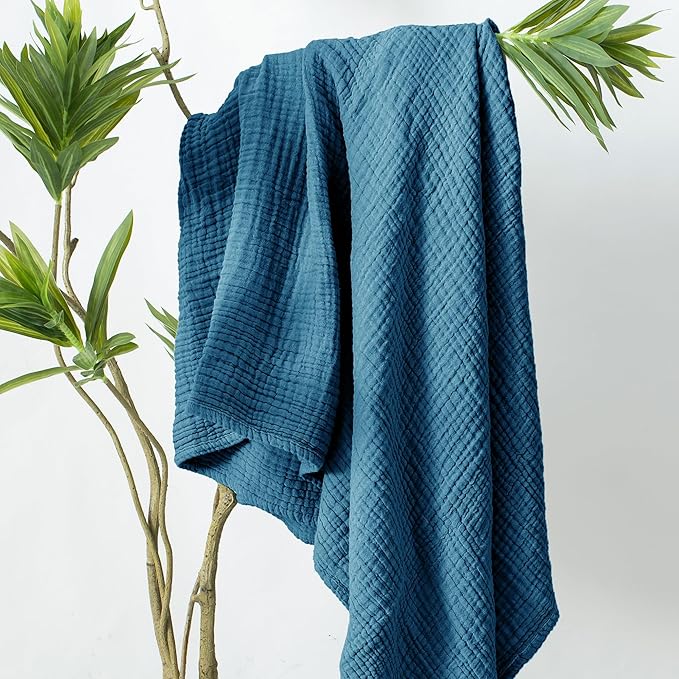 Carriediosa 100% Cotton Muslin Throw Blanket 90" X 90" Queen Size，4-Layers Summer Gauze Throws for Bed Couch，Soft Lightweight Breathable Linen Blankets Bedspread for Adults All Season，Dusty Blue