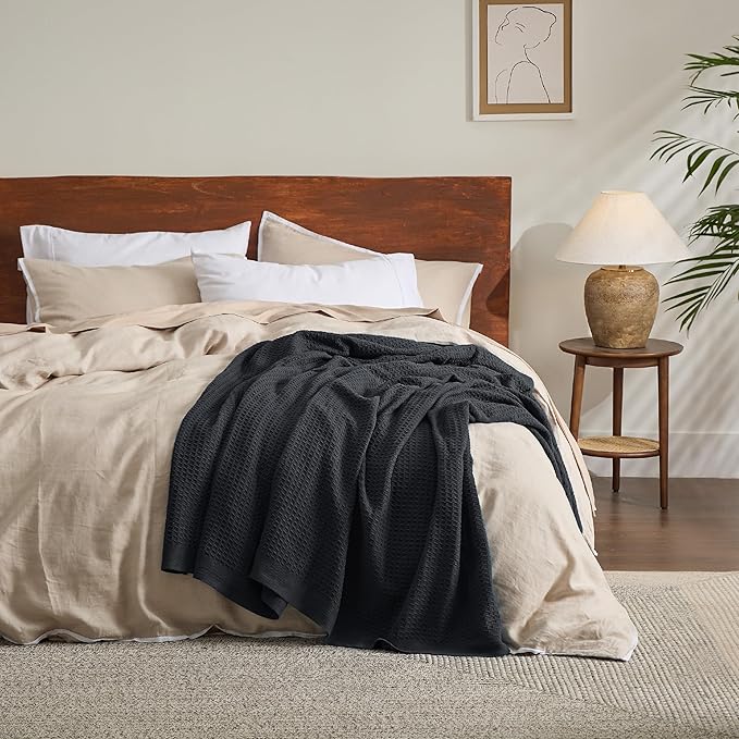 Bedsure 100% Cotton Blanket King Size for Bed - Breathable and Soft, Waffle Weave Blanket for Summer, Thick Cozy Fall Blankets for Women Gift, Black, 104x90 inches