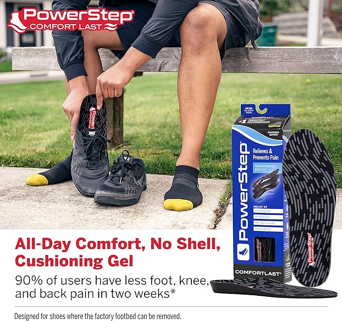 PowerStep Comfort Last Insoles, Cushioning Gel Insoles for Standing All Day, Supports Metatarsal Pain, Foot Arch, Heel Pain, All Day Comfort, Made in The USA (Men's 11-12.5)
