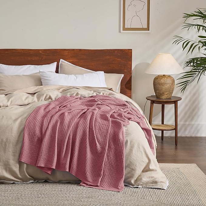 Bedsure 100% Cotton Blanket King Size for Bed - Breathable and Soft, Waffle Weave Blanket for Summer, Thick Cozy Fall Blankets for Women Gift, Dusty Rose, 104x90 inches